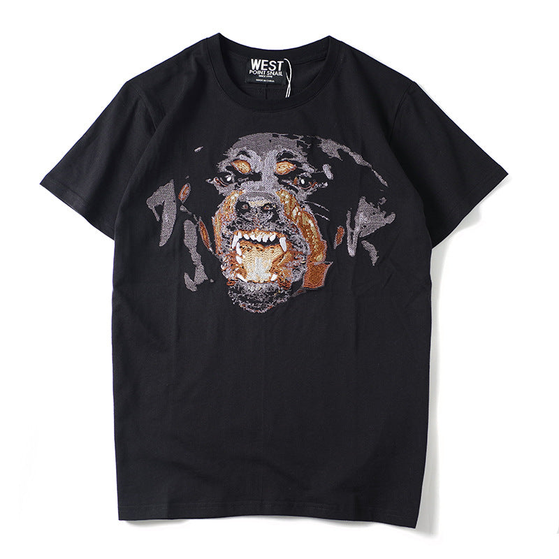 GVC T Shirt Embroidered Dog Head Pattern Pure Cotton Loose Short Sleeve T-shirt Men