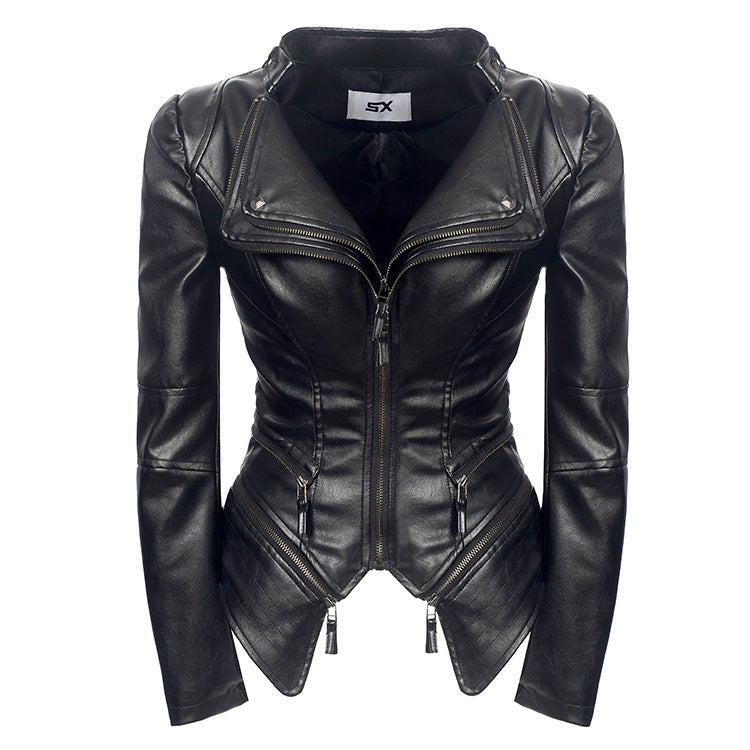 Leather Biker Coat God Leather Jacket Women Pu Jackets Zipper Stitching Double Layer Turn-down Collar Coat