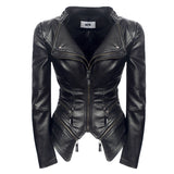 Leather Biker Coat God Leather Jacket Women Pu Jackets Zipper Stitching Double Layer Turn-down Collar Coat