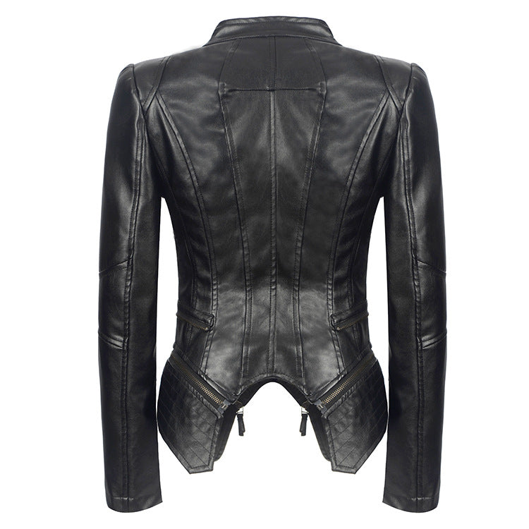 Leather Biker Coat God Leather Jacket Women Pu Jackets Zipper Stitching Double Layer Turn-down Collar Coat