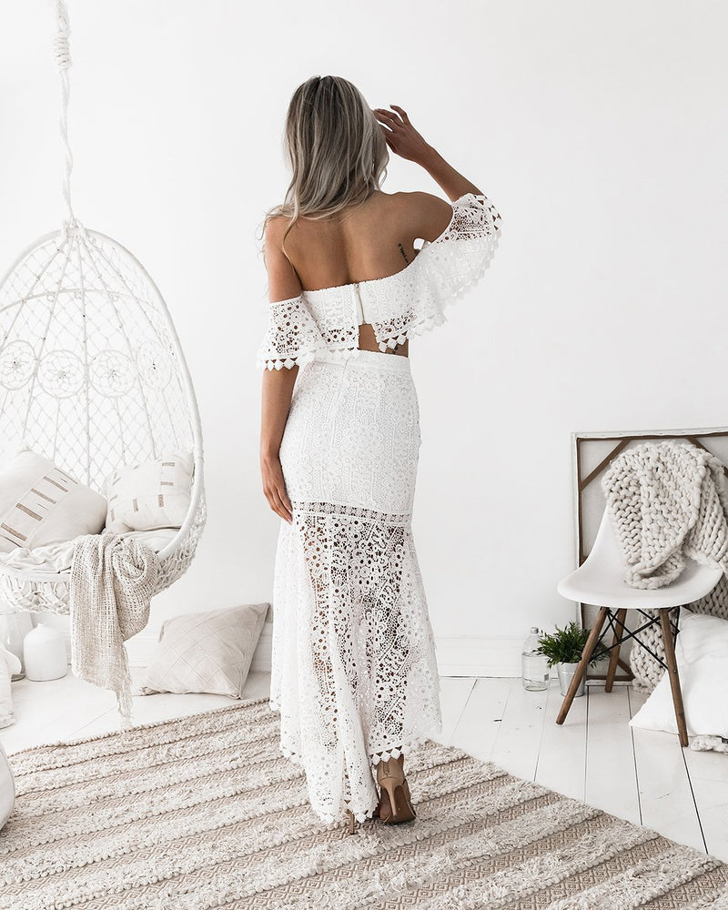 Bohemian Coachella Outfits Dress Lace Tube Top Backless Pencil Skirt Two-Piece Set
