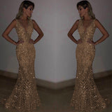 Bohemian Chic Wedding Guest Dress Evening Dress Long Sleeveless Sexy Deep V Sequined Women