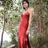 Cocktail Attire for Women Sexy Dress Red Silk and Satin Silky Dress Split Backless Suspender Maxi Dress for Women