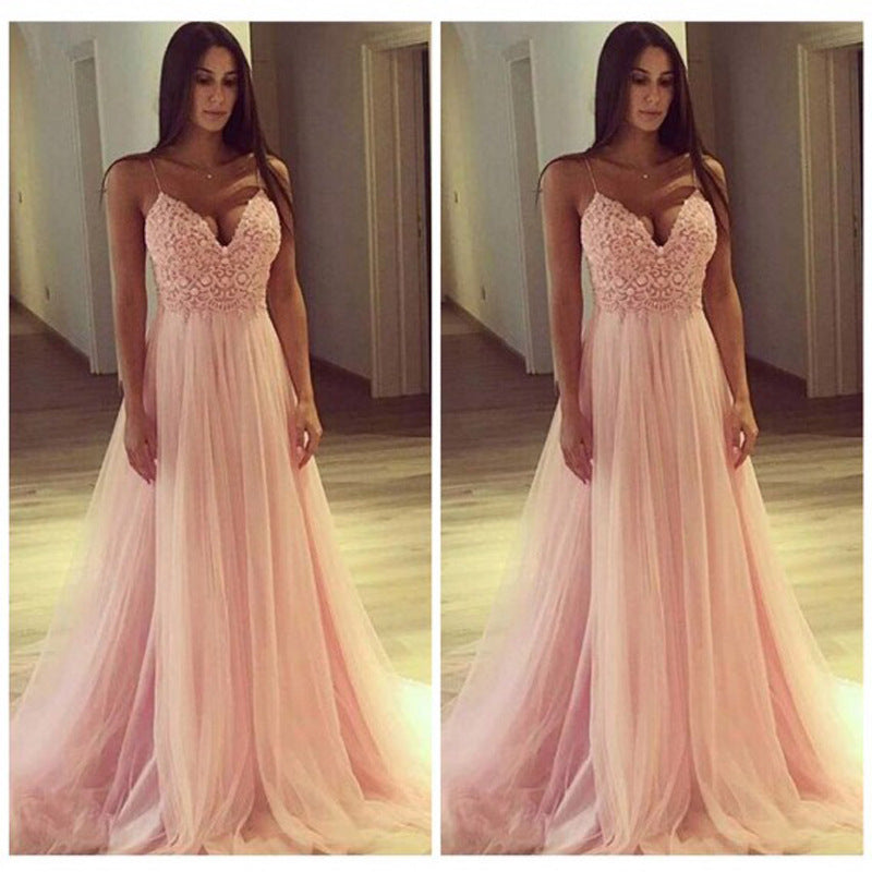 Women Lace Wedding Dress V-neck Sequins Lace Dress