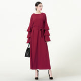 Muslim Women Stylish Kashibo Abaya Muslim Ladies Long Gown Islamic Clothing Jilbab Jalabiya Round Neck Loose Lace-up Long Sleeve Dress for Women