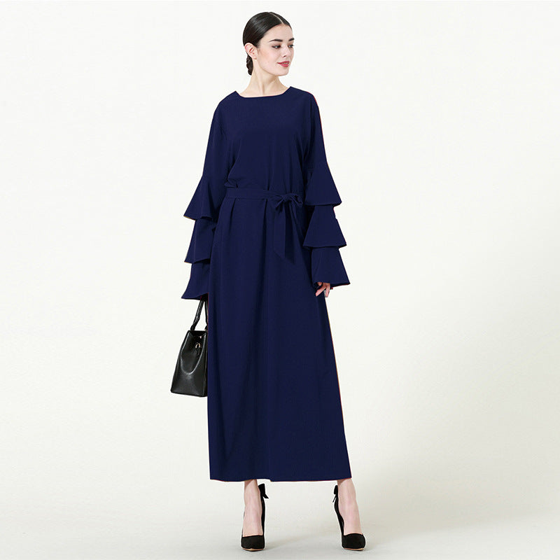Muslim Women Stylish Kashibo Abaya Muslim Ladies Long Gown Islamic Clothing Jilbab Jalabiya Round Neck Loose Lace-up Long Sleeve Dress for Women