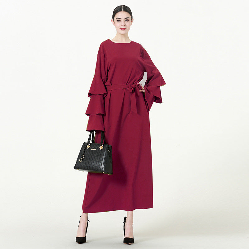 Muslim Women Stylish Kashibo Abaya Muslim Ladies Long Gown Islamic Clothing Jilbab Jalabiya Round Neck Loose Lace-up Long Sleeve Dress for Women