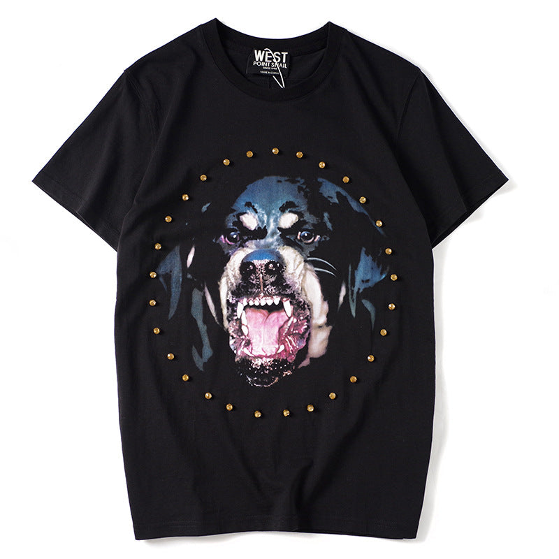 GVC T Shirt Diamond Decoration Bulldog Pattern Pure Cotton Loose Short Sleeve Men