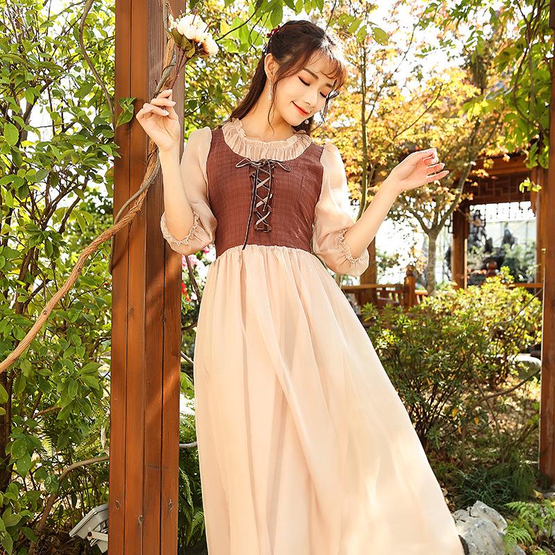 Pastoral Style Retro Court  Lace-up Drawstring cottagecore aesthetic dresses