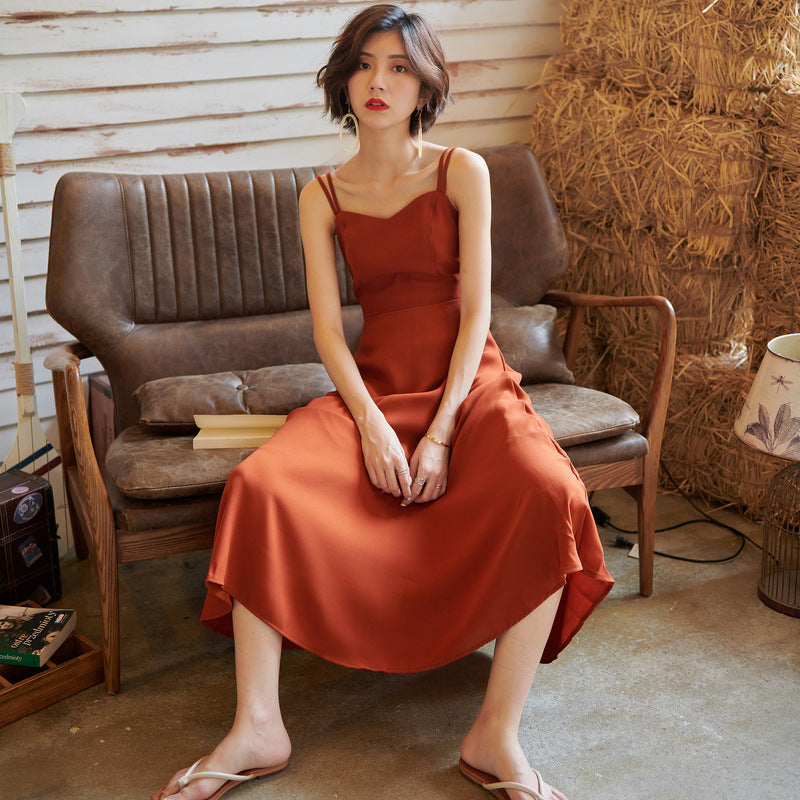 Burnt Orange Dress Summer Seaside Vacation Dress Strap Beach Dress Backless Beach Skirt Women's