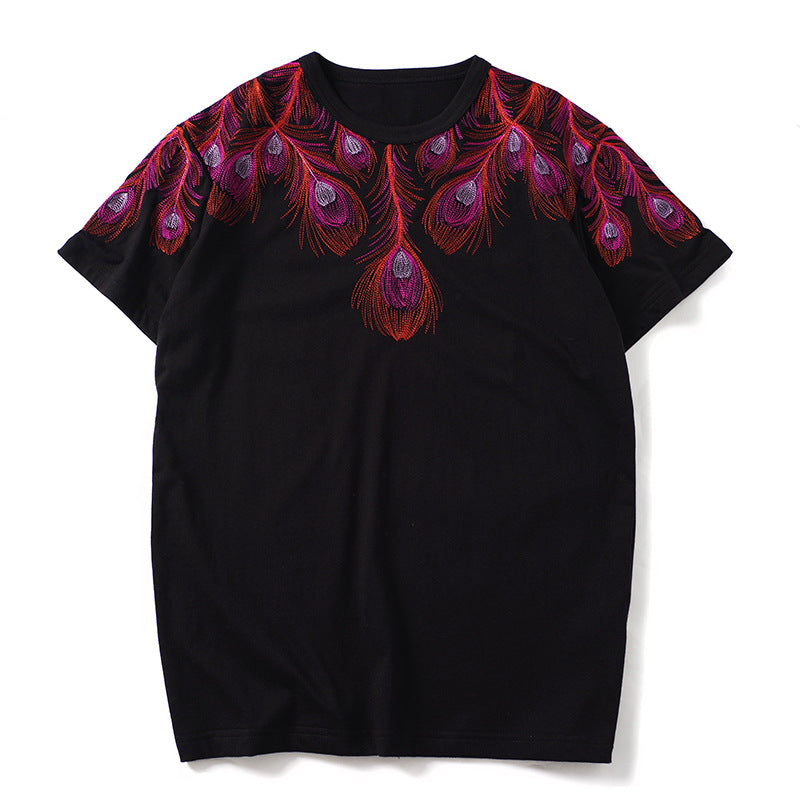 GVC T Shirt Embroidery Peacock Feather Pattern Pure Cotton Loose T-shirt Men and Women