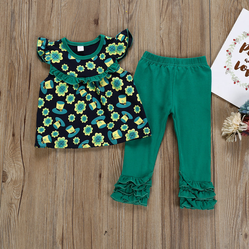 Children Saint Patrick's Day Four-Leaf Clover Printed Flared Short Sleeve Lace Trousers Two-Piece Set