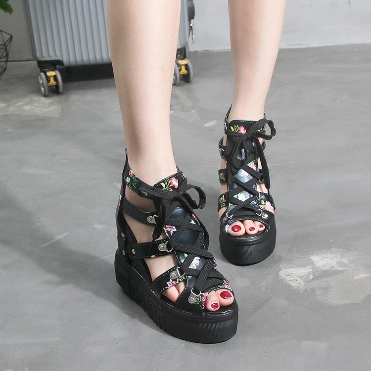 Women Open Toe Sandals Flats Summer Platform Peep Toe High Heel Floral Tie-Neck Plus Size Sandals