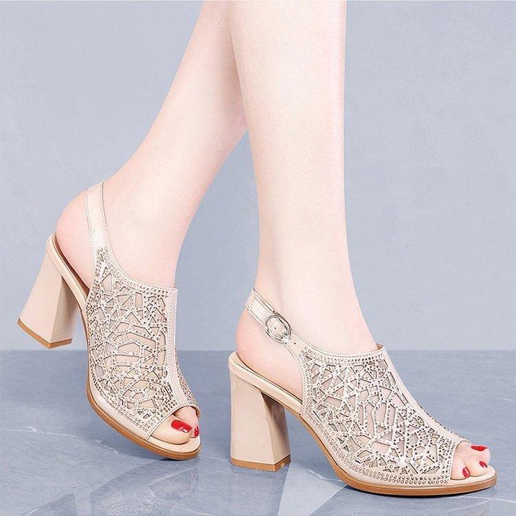 Women Open Toe Sandals Flats Spring/Summer Stylish Peep Toe Chunky Heel Hollow-out Sandals