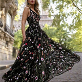 Sexy Deep V Sleeveless Embroidered Backless Large Swing Dress Floral Tulle Cottagecore Aesthetic Prom Dresses Black Ball Gown