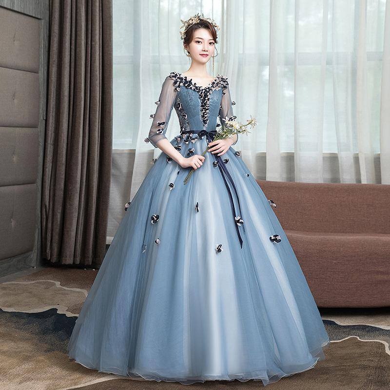 Women's Evening Dress Ball Gown Princess Quinceanera Wedding Dresses Gray Blue Long Pettiskirt Evening Dress Costume