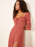 Spring And Summer Square Collar Long Sleeve Floral Milkmaid Dress