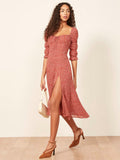 Spring And Summer Square Collar Long Sleeve Floral Milkmaid Dress