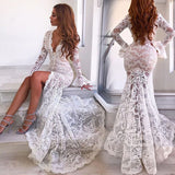 Women Lace Wedding Dress Sexy Deep V Lace Split Fishtail Dress Long Skirt