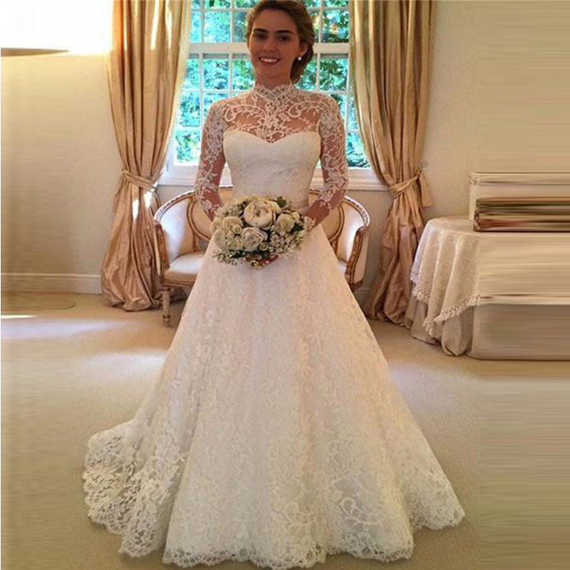Women Lace Wedding Dress Lace Long Sleeve See-through Wedding Dress Formal Dress