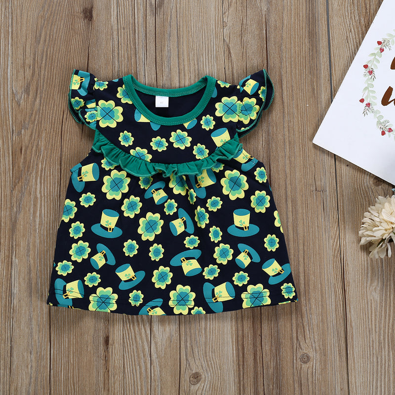 Children Saint Patrick's Day Four-Leaf Clover Printed Flared Short Sleeve Lace Trousers Two-Piece Set