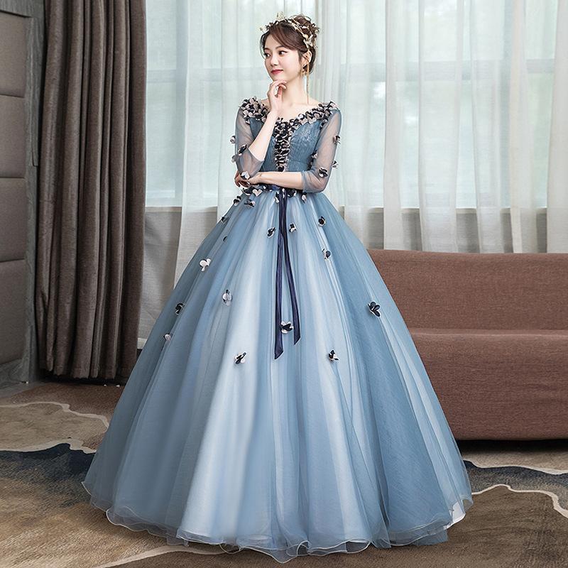 Women's Evening Dress Ball Gown Princess Quinceanera Wedding Dresses Gray Blue Long Pettiskirt Evening Dress Costume