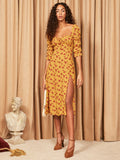 Spring And Summer Square Collar Long Sleeve Floral Milkmaid Dress