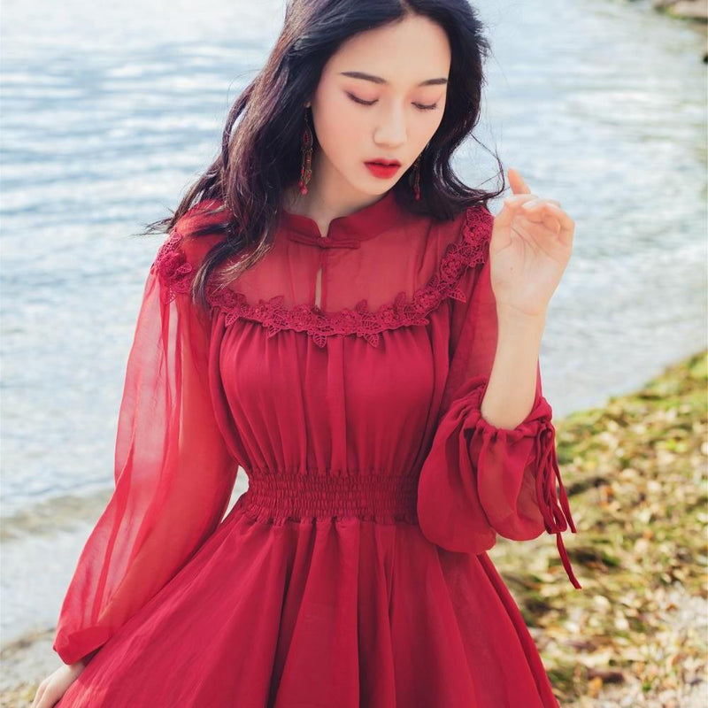 Bright Red Dress Retro Chiffon Seaside Holiday Long Dress Bohemia Retro Vintage Cottagecore Aesthetic Flowy Victoria Cottage Core Boho Dress