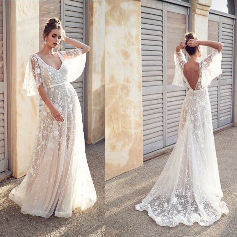 Women Lace Wedding Dress Spring and Summer Dress Sexy Lace V-neck Backless Dress