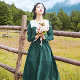Spring and Autumn Vintage Dress Mid-Length Large Swing Dress Green Retro Vintage  Cottagecore Aesthetic Flowy Victoria Cottage Core Dress