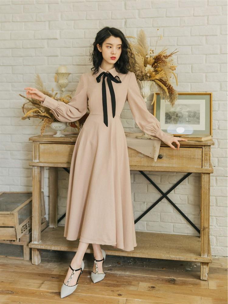 Spring Vintage Dress Waist-Tight Dress Long Dress Khaki Retro Vintage Cottagecore Aesthetic Flowy Victoria cottage core Dress