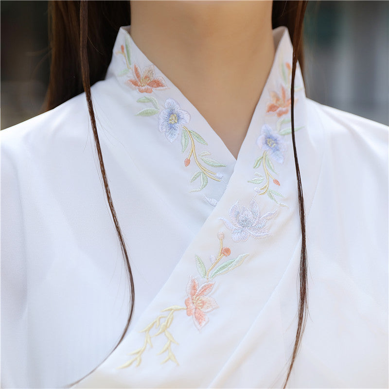 Chinese Traditional Dress Waist Cross Collar Embroidered Fresh Elegant Daily Dress