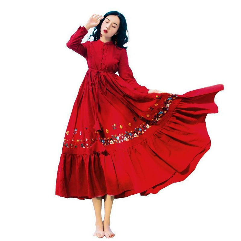 Retro Long-Sleeved Red Slim-Fit Embroidered  Bohemia Retro Vintage Cottagecore Aesthetic Flowy Victoria Cottage Core Boho Dress