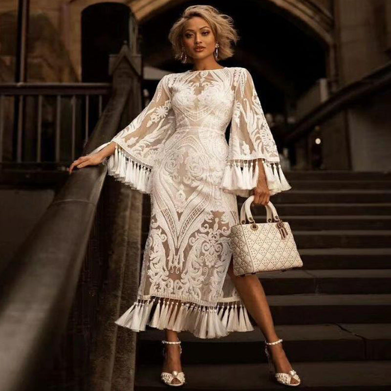 Olivia Wilde Dress Banquet Party Evening Dress Lace Embroidery Tassel Dress Two-Piece Set