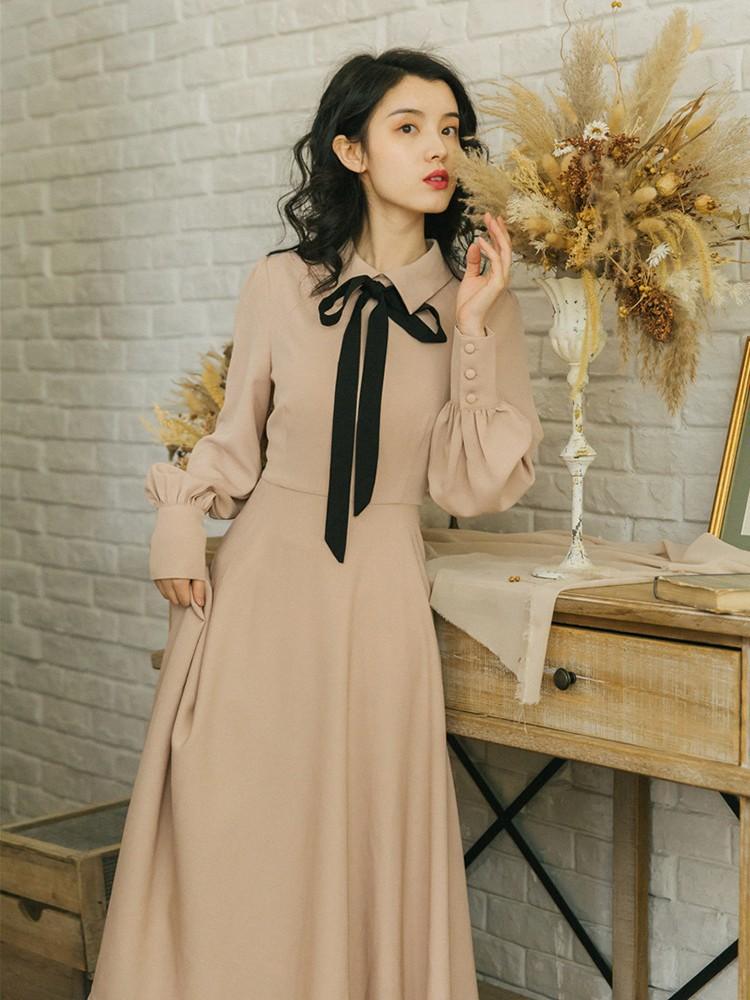 Spring Vintage Dress Waist-Tight Dress Long Dress Khaki Retro Vintage Cottagecore Aesthetic Flowy Victoria cottage core Dress