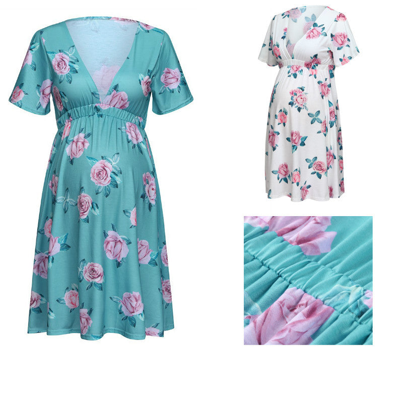 Maternity Clothes Dress Amoi Sexy Women Clothing Printed All-Match V-neck Maternity Dress for Women