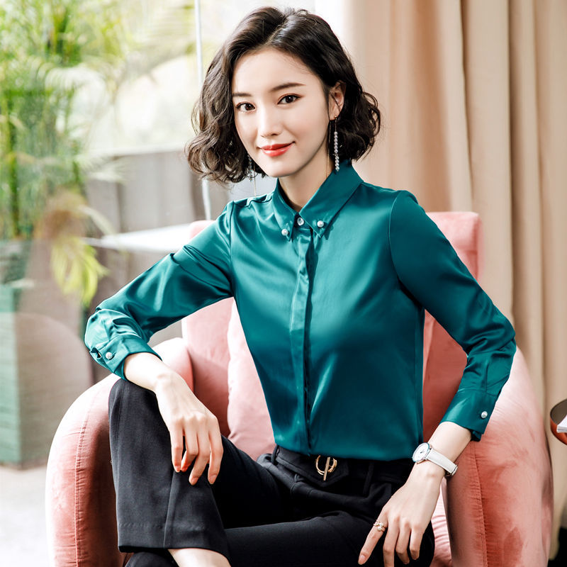 Women Autumn Uniform Designs Formal Style Office Lady Bussiness Attire Work Suit Shirt Women's Long Sleeve Satin Chiffon Square Collar