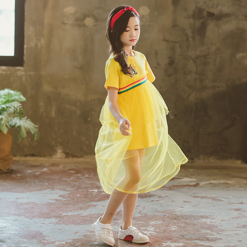 Summer Dress Girls' Fashionable Gauze Dress Children's Short-Sleeved Lace Princess Dress Girl Dress