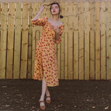 Vintage Skirt Floral Holiday Sexy Yellow Dress  Bohemia Retro Vintage Cottagecore Aesthetic Flowy Victoria Cottage Core Boho Dress