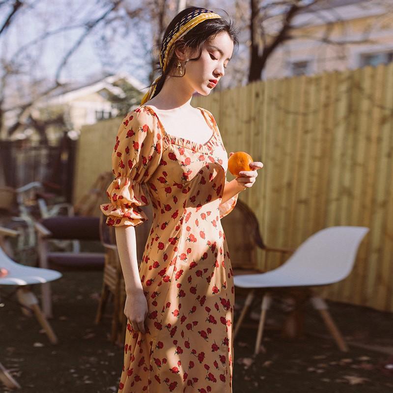 Vintage Skirt Floral Holiday Sexy Yellow Dress  Bohemia Retro Vintage Cottagecore Aesthetic Flowy Victoria Cottage Core Boho Dress