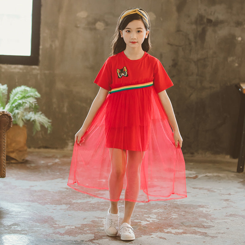 Summer Dress Girls' Fashionable Gauze Dress Children's Short-Sleeved Lace Princess Dress Girl Dress