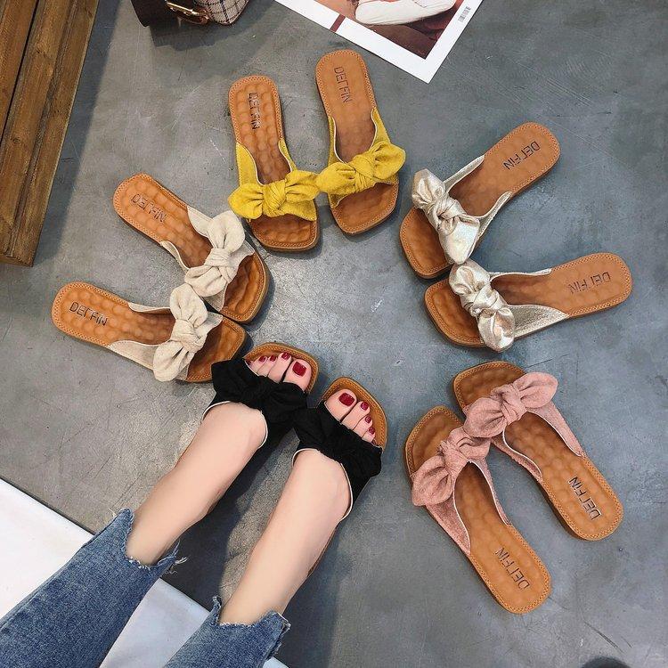 Women Open Toe Sands Flats Summer Bow Flat Heel Word Fashion Slippers