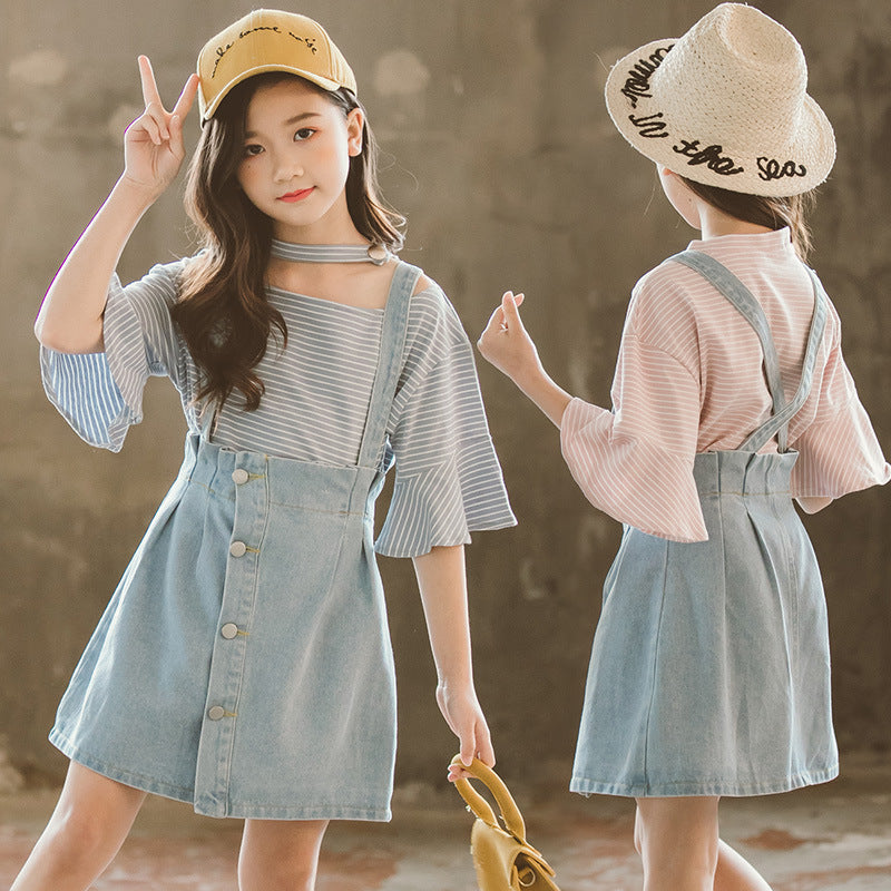 Summer Loose Girls' Skirt Children's Shoulder Strap Denim Skirt Girl Denim Dress