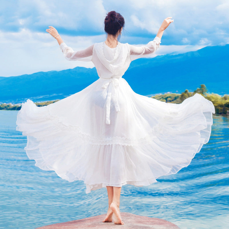 Summer White Vintage Chiffon Dress Red Bohemia Retro Vintage Cottagecore Aesthetic Flowy Victoria cottage core boho Dress
