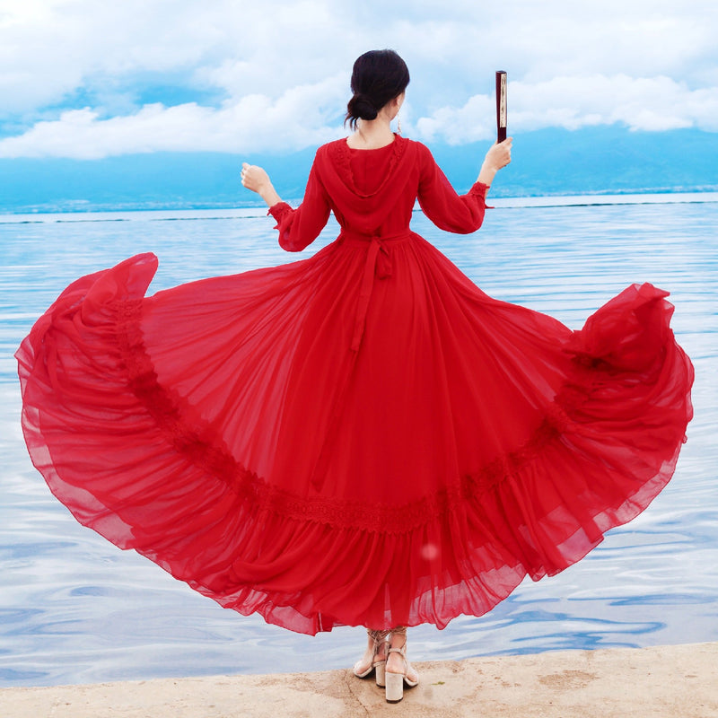 Holiday Dress Summer Red Vintage Chiffon Dress White  Bohemia Retro Vintage Cottagecore Aesthetic Flowy Victoria Cottage Core Boho Dress