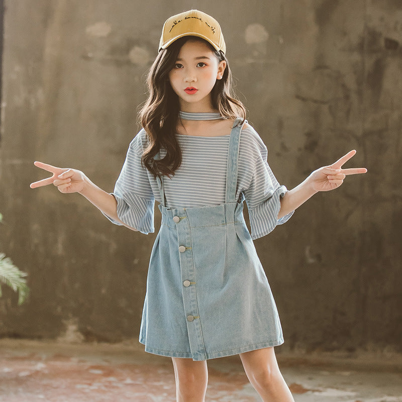 Summer Loose Girls' Skirt Children's Shoulder Strap Denim Skirt Girl Denim Dress