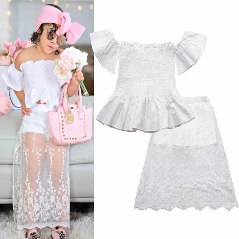 Girl Dress Summer White Top Lace Long Dress Suit 2 Piece Set