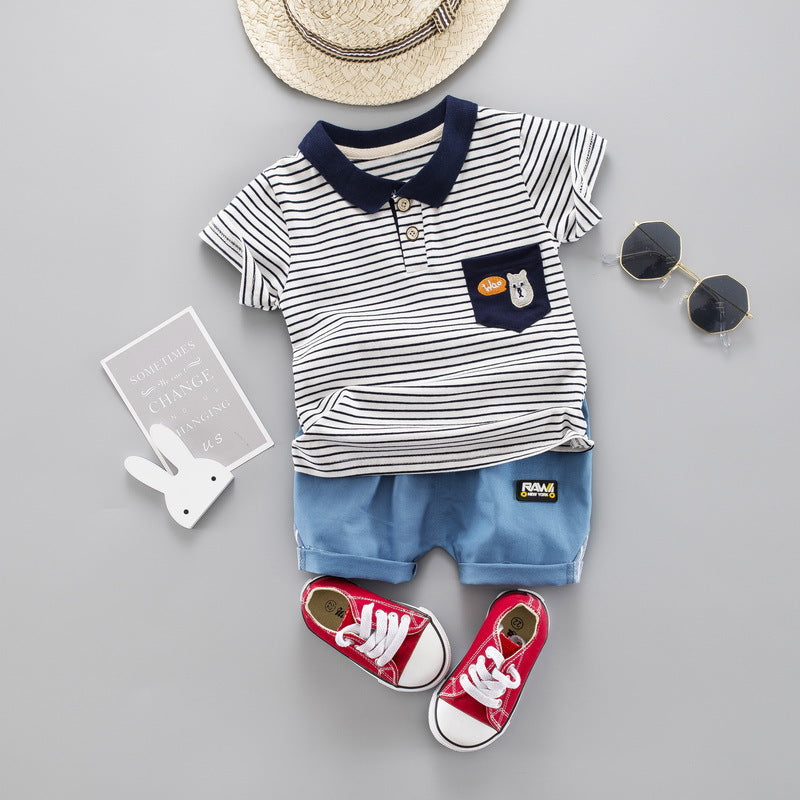 Children Boy Co Ord Summer Striped Short Sleeve T-shirt Shorts 2 Piece Set