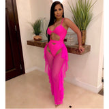 See through Pants Suit Sexy Women Clothing Pure Color Swimsuit Mesh Two-Piece Set