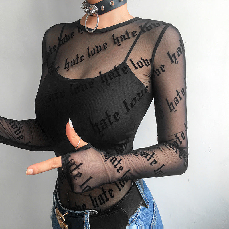Women Rave Outfits Tops Printed See-through Sexy Long Sleeve T-shirt Female
